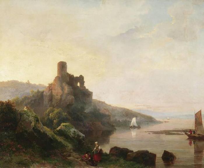 Pieter Lodewyk Kuhnen Romantic Rhine landscape with ruin at sunset Sweden oil painting art